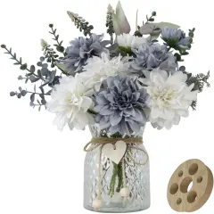 Fake Flowers with Vase,8 Dahlias, with a Flower Arrangement Holder,Silk Faux Dahlia Artificial Flowers in Vase,Centerpiece Table Decorations,Coffee Table Decor