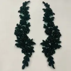 1 Pair 9.5" x 2" Each Side Beaded & Corded Floral Lace Applique Embroidered on 100% Polyester Net Mesh Hunter Green
