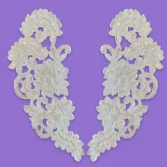 1 Pair 15" x 6" Each Side Beaded Lace Applique with Pearls & Sequins on Satin Off White Color