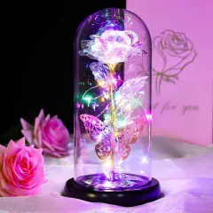 Light Up Rose in A Glass with Butterfly Birthday Gift for Woman Mothers Day Flowers Gift for Mom Rose Flower Gift for Her Anniversary Gift Preserved Flowers
