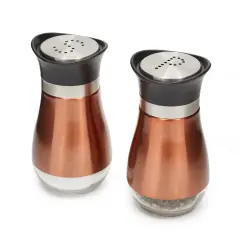 Stainless Steel Copper Salt and Pepper Shakers Set with Glass Bottom, Screw-Off Caps, Perforated "S" and "P" Designs for Kitchen, 2.5 x2.5 x 4.5 Inches (4oz) Gold