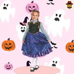 Girls Frozen Anna Costume Blue Purple Black Dress with Velvet Bodice and Floral Skirt