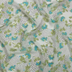 1 Yard Spring Green Turquoise White Flowers Tiny Diamonds Silk Chiffon 45 inch Width