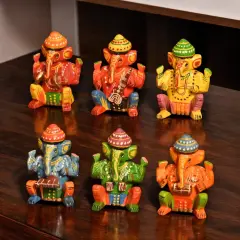 Set of 6 Wooden Musician Ganesha Design Statue Hand Painted Lord Ganesh Sculpture with Musical Instrument Ganpati Figurine for Gift Hindu God Idol Murti for Good Luck & Success (3 Inches)