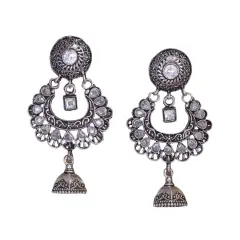 Indian Oxidized Jhumka Earrings for Women - Indian Oxidized Bell Jhumki Ethnic Floral Chandbali Earrings Faux Pearls Bollywood Style Floral Dangle Earring Jewelry for Bride Gift for Her WHITE