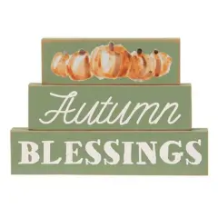Green Wooden Rustic Autumn Blessings Block Set of 3 with Pumpkin Design