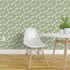 Pre-Pasted Wallpaper 2FT Wide Cottage Duck Cottage Floral Whimsical Duckling Fun Cute Happy Cheerful Bright Pastel Dark Sage Green Blush Pink White Boho Baby Custom Pre-pasted Wallpaper by Spoonflower 18008281