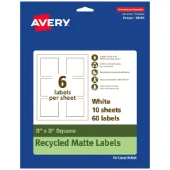 Avery Recycled Matte White Labels,3" x 3" Square