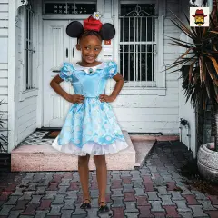 Kids Vintage Minnie Mouse Costume Blue Polka Dot Dress Red Hat Headband