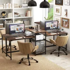2-Person Computer Desk with Power Outlet and Printer Stand-Rustic Brown