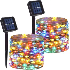 DAYLIGHTIR 2 Pack Total 200 LED Solar Powered Copper Wire String Lights Outdoor, Waterproof, 8 Modes Fairy Lights for Garden, Patio, Party, Yard, Christmas (Multicolor)