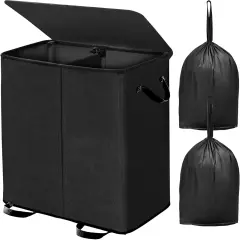 Double Laundry Hamper with Lid and Removable Bags, Laundry Basket 2 Section, Double Hampers for Laundry, Large Divided Hamper, Dual Laundry Hamper 2 Section with Handles Dorm 158L Black