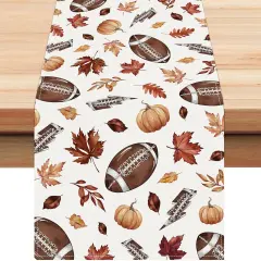 Fall Football Table Runner 13x72 Inch Rugby Pumpkin Maple Leaf