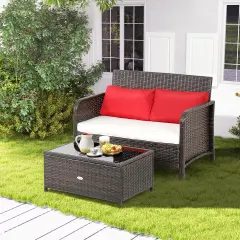 Costway 2PCS Patio Rattan Wicker Love-seat Coffee Table SetCushioned Bench Garden Deck