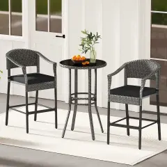 Costway 3-Piece Patio Rattan Bar Set Wicker Bar Height Armchairs & Round Table