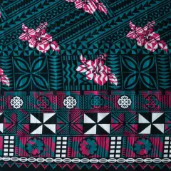 1 Yard Traditional Polynesian Geometric Flower Design 100% Cotton Fabric, 36in L x 44in W Teal