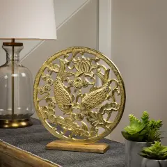 Northlight Koi Fish with Lotus Flower Sculpture with Wooden Base - 13.5" Gold