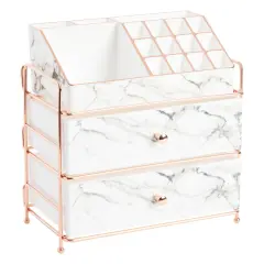 White Marble Makeup Organizer with Rose Gold Trim, Cosmetic Storage Drawers for Vanity (9.5 x 9.5 x 5.5 in)