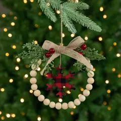 Northlight Buffalo Plaid Snowflake Wooden Beads Christmas Wreath Ornament - 7" Beige
