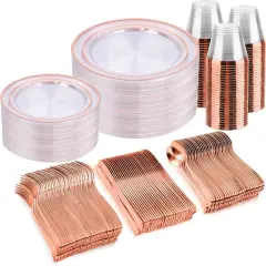 300PCS Clear Rose Gold Plastic Dinnerware - Rose Gold Disposable Dinnerware Set Include 50 Dinner Plates,50 Dessert Plates,50 Knives,50 Forks,50 Spoons,50 Cups for Party, Wedding & Mother&rsquo;s Day
