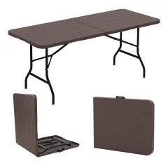 6 Feet Wood Grain HDPE Folding Table with Safety Lock and Metal Legs Perfect for Outdoor Use Brown