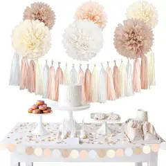 Boho Wedding & Baby Shower Decorations, 28PCS Creamy White Tissue Paper Pom Poms, Tassels & Dots Paper Garland, Perfect for Bridal Showers, Birthdays & More