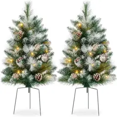 24.5in Pre-Lit Outdoor Christmas Trees, Battery Operated Holiday Pair with LED Lights Frosted