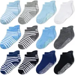 CozyWay Baby Boy Socks With Grippers - Non Slip Ankle Grip Socks for Boys Babies Infants Ages 1-11 Months - Soft Comfy Cotton - Multi Color Blue - 12 Pack Multicolor