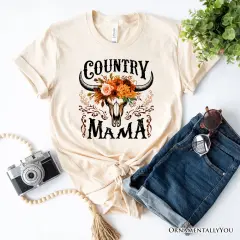 Country Mama Floral Buffalo Skull Vintage T-Shirt, Western Natural and White Women&rsquo;s Tee