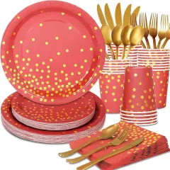 168Pcs Red and Gold Party Tableware Decorations, Red Plates and Napkins Serve 24, Red Paper Plates, Red and Gold Plates for Birthday Valentines Plates, Mardi Gras Plates, Red Graduation Plates