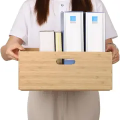 Lidded Bamboo Storage Bins & Box/Cube/Basket, Home Kitchen and Office Storage Boxes with Handles & Stackable for Organizer Tableware, Clothing, Toys, Office Shelf Books, 14.6&rdquo;x10.2&rdquo;x6.5&rdquo;