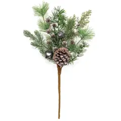 Frosty Cheer Pine Pick with Pinecones and Jingle Bells 19 Inch Winter Decor