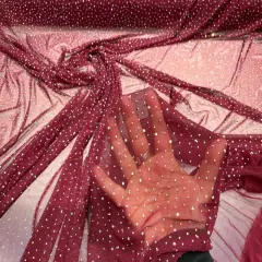 1 Yard Sheer Power Mesh With AB Rhinestones Stretch Fabric for Dancewear, Gowns & DIY Burgundy