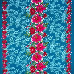 1 Yard Triple Lily Border Tropical Flowers & Leaves Rayon Fabric 36" L x 45" W Teal/Fuchsia