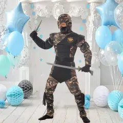 Boys Special Ops Ninja Costume with Muscle Chest Design Black