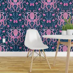 Pre-Pasted Wallpaper 2FT Wide Ocean Damask Pink Midnight Blue Coastal Vibrant Octopus Bows Botanical Custom Pre-pasted Wallpaper by Spoonflower