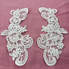 1 Pair 8.5" x 3.5" Each Side Beaded & Corded Floral Lace Applique 100% Polyester Organza Ivory