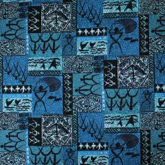 1 Yard Hawaiian Tapa Petroglyphs Light Barkcloth Fabric 100% Cotton, 45" Width Teal