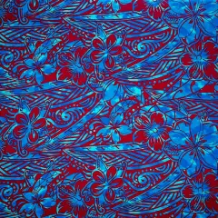 1 Yard Traditional Polynesian Tattoo Cotton Fabric with Hibiscus & Plumeria Swirls 36in L x 45in W Blue/ Red