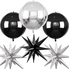 6Pcs 22 Inch Black Silver Star Balloons and 4D Large Foil Balloons