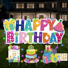 Happy Birthday Yard Sign, Colourful Happy Birthday Lawn Signs with Stakes LED Personalized Garden Birthday Board Party Favors Decor for Gift Outdoor Indoor Home Front Decorations Supplies