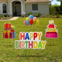 Yard Expressions 4pc Happy Birthday Yard Signs with Stakes - Easy to Install Happy Birthday Yard Sign - Large 16" Waterproof Birthday Sign Yard &ndash; Durable, Reusable & Colourful Happy Birthday Lawn Sign