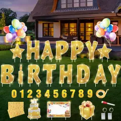 18 Pcs Happy Birthday Yard Sign with 32.8 ft Led Light, 16&rdquo; Large Size Happy Birthday Yard Sign with Stakes, Weatherproof Personalized Birthday Yard Signs, Outdoor Lawn Garden Party Decoration(Gold)
