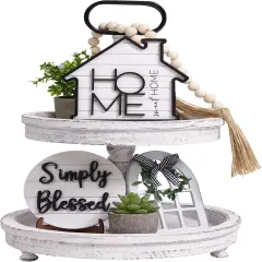 Rustic Farmhouse Tiered Tray Set with Succulent & Plant - Home Decor for Kitchens