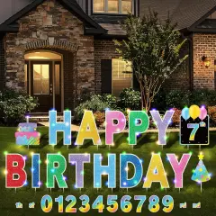 16 Pcs Happy Birthday Yard Signs with Stakes, 32.8 ft LED Lights, 42 Pcs Number Stickers, 13.4 Inch Letters Signs for Birthday Party Supplies Yard Lawn Outdoor Decoration(Colorful)