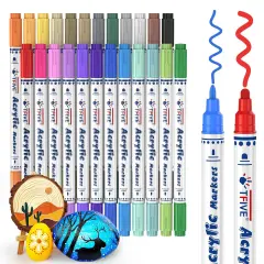 Acrylic Paint Markers, 24 Vibrant Colors Acrylic Markers Pens, No Bleeding, Work on Anything for Rock Painting Canvas Wood Ceramic Glass Crafts Art Supplies, Easy for All Ages, Dual Tip Medium + Fine