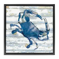 Stupell Industries Blue Crab on Distressed Floater Framed Canvas Wall Art Design by Jessie Perry