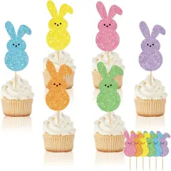 48Pcs Easter Cupcake Topper Glitter Bunny Cupcake Picks Colorful Rabbit Food Picks for Easter Spring Birthday Cake Decoration Supplies