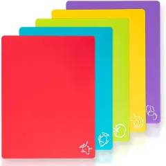 5 Pieces Flexible Plastic Cutting Board Mats with Food Icons, BPA Free Cutting Boards for Kitchen, Non Slip Cutting Mat for Meat and Vegetables (Red, Bright Yellow, Light Green, Purple, Lake Blue)