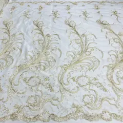 1 Yard Ivory Corded Bridal Lace Fabric Embroidered Elegant Mesh 54" Width Gold